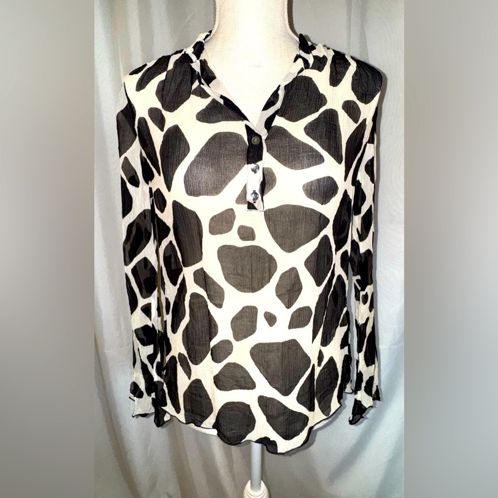 TALBOTS Long Sleeve Sheer Pure Silk Blouse Black & White Top Size 10. GUC
